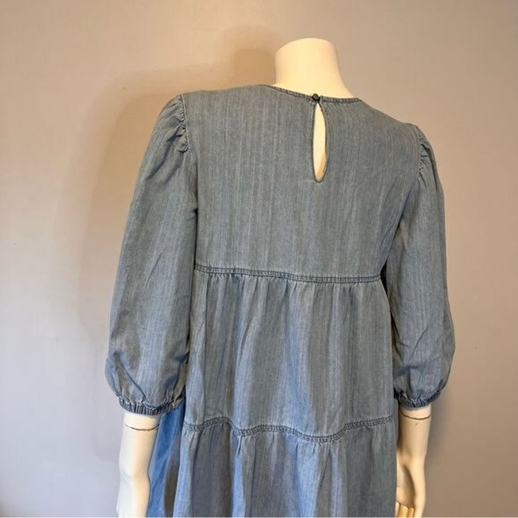 Mango Denim Tiered Smock Cotton Dress with Puff Sleeves in Blue Size 6 - Picture 11 of 11